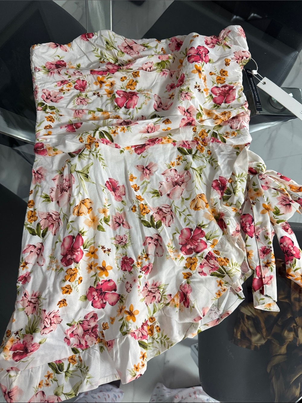 Floral White Strapless Wrap Top with Pink & Yellow Blooms